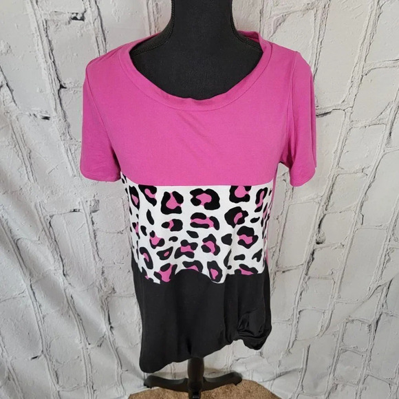 CLASSIC Tee Pink Black‎ Leopard Print Womens Basic Tee Casual Comfy Size L - Picture 3 of 6